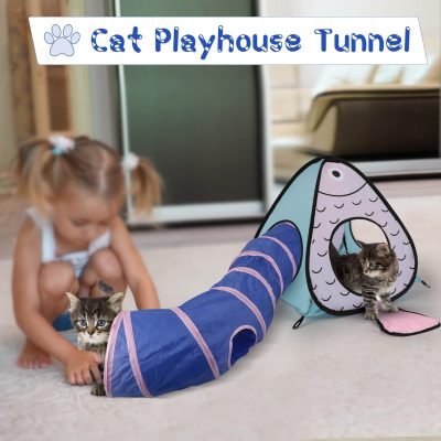 Cat Toy Tunnel and Cubes Bundle - Interactive Crinkle Collapsible Cat Tube and Foldable Cubes Playground for Kitty, Rabbit, Puppy, Ferret Hiding Hunting and Resting