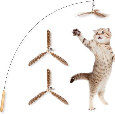 Cat Wand Toys, Interactive Cat Toys with 3 Feather Refills, 29'' Flexible Steel Wire, Sturdy Wood Handle & Bell for Kitty Kitten, Cat Toys for Indoor Cats Cat Teaser Cat String Toy