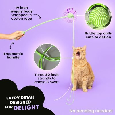 Interactive Cat Wand String Teaser Toy, 2024, Purple -   Toy with Triple-Tail Design, Durable Cotton & Rattle Sound - Ideal for Indoor Cats, Kitten Toy