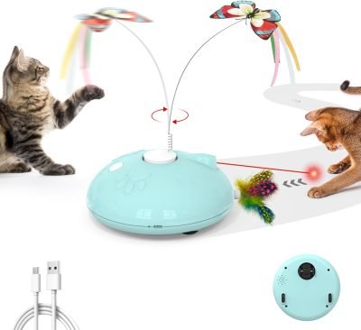 Electric Running Cat Laser Toys Interactive, Fluttering Butterfly, 4in1 Automatic Rechargeable Kitten Toy, Colored Feather, Indoor Exercise Cat Kicker, White