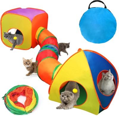 Cat Toy Tunnel and Cubes Bundle - Interactive Crinkle Collapsible Cat Tube and Foldable Cubes Playground for Kitty, Rabbit, Puppy, Ferret Hiding Hunting and Resting