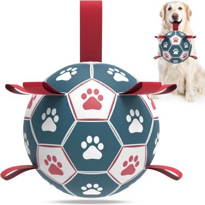 Dog Toys Soccer Ball with Straps, Interactive Toys for Tug of War, Puppy Birthday Toy, Dog Water Toy, Dog Balls for Small & Medium Dog (6 Inch)