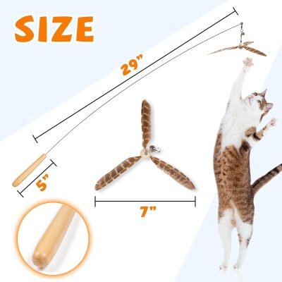 Cat Wand Toys, Interactive Cat Toys with 3 Feather Refills, 29'' Flexible Steel Wire, Sturdy Wood Handle & Bell for Kitty Kitten, Cat Toys for Indoor Cats Cat Teaser Cat String Toy