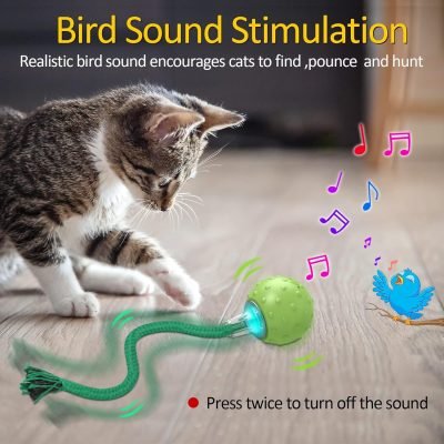 Interactive Cat Ball Toy,Motion Activated Automatic Moving Ball Toy with Long Tail Teaser/Simulation Bird Sound/USB Rechargeable Cat Toys Self Play