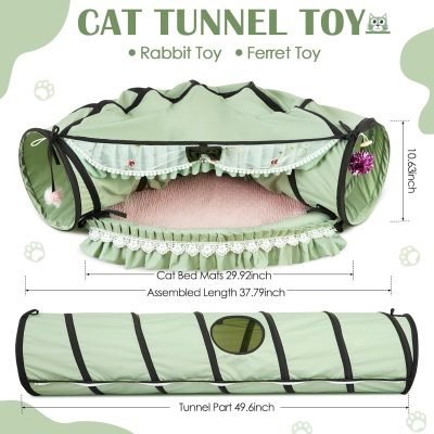 Cat Tunnel Toy Bed 2-in-1, Collapsible Cat Tunnels Tubes Toys with Washable Removable Mat Beds for Indoor Pet Cats Kittens Matcha