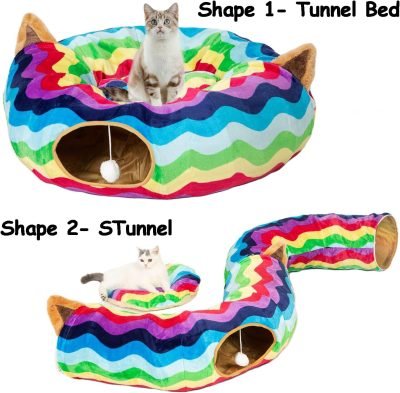 Large Cat Tunnel Bed with Plush Cover,Fluffy Toy Balls, Small Cushion and Flexible Design- 10 inch Diameter, 3 ft Length- Great for Cats, and Small Dogs, Rainbow Wave Color