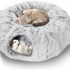 Plush Cat Tunnel Bed for Indoor Cats, Collapsible Cat Donut Tunnel with Central Mat, Fluffy Cat Cave Tube with Hanging Ball for Cat Kitten Rabbit Puppy Ferret