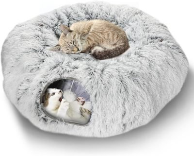 Plush Cat Tunnel Bed for Indoor Cats, Collapsible Cat Donut Tunnel with Central Mat, Fluffy Cat Cave Tube with Hanging Ball for Cat Kitten Rabbit Puppy Ferret