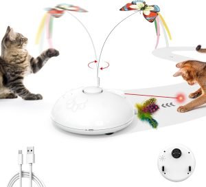 Electric Running Cat Laser Toys Interactive, Fluttering Butterfly, 4in1 Automatic Rechargeable Kitten Toy, Colored Feather, Indoor Exercise Cat Kicker, White