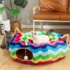 Large Cat Tunnel Bed with Plush Cover,Fluffy Toy Balls, Small Cushion and Flexible Design- 10 inch Diameter, 3 ft Length- Great for Cats, and Small Dogs, Rainbow Wave Color