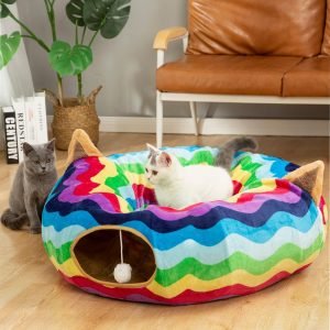 Large Cat Tunnel Bed with Plush Cover,Fluffy Toy Balls, Small Cushion and Flexible Design- 10 inch Diameter, 3 ft Length- Great for Cats, and Small Dogs, Rainbow Wave Color