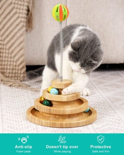 Cat Toy Roller, 3-Level Turntable Ball Tower with 8 Colorful Balls & 1 Bell, Interactive Kitten Fun Mental Physical Exercise Puzzle Kitten Toys
