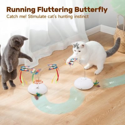 Electric Running Cat Laser Toys Interactive, Fluttering Butterfly, 4in1 Automatic Rechargeable Kitten Toy, Colored Feather, Indoor Exercise Cat Kicker, White