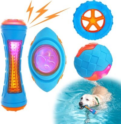 4 Pcs Dog Pool Floating Toys - Squeaky & Glowing Dog Water Toys, Safe Durable TPR Interactive Dog Toys for Aggressive Chewers Large Dogs Fetching Playing