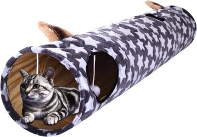 Large Cat Tunnel Bed with Plush Cover,Fluffy Toy Balls, Small Cushion and Flexible Design- 10 inch Diameter, 3 ft Length- Great for Cats, and Small Dogs, Rainbow Wave Color
