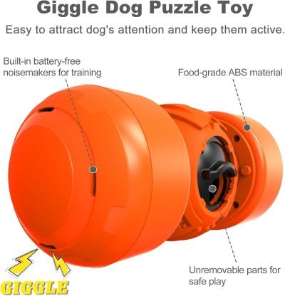 Dog Food Puzzle Toys, Treat Dispenser with Squeaky Giggle Sound, Interactive Chase Slow Feeder for Boredom and Stimulating, IQ Training for Small Medium Large Dogs, Orange