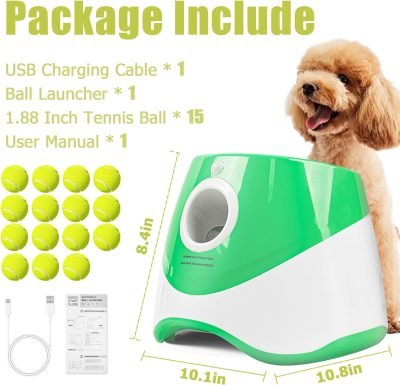 Automatic Ball Launcher for Dogs, Dog Ball Thrower Launcher with 15 Pcs Tennis Balls, 10-30 Ft Distance Settings Ball Launcher for Small Dogs, Dog Fetch Ball Thrower Green