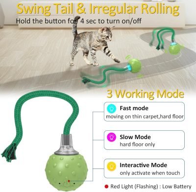 Interactive Cat Ball Toy,Motion Activated Automatic Moving Ball Toy with Long Tail Teaser/Simulation Bird Sound/USB Rechargeable Cat Toys Self Play