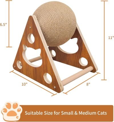 Cat Toys Sisal Scratcher Ball, Natural Sisal Cat Scratching Ball, Cat Scratcher Toy with Ball, Scratching Ball for Cats and Kittens, Interactive Solid Wood Scratcher Pet Toy, Diameter 6.5 Inch