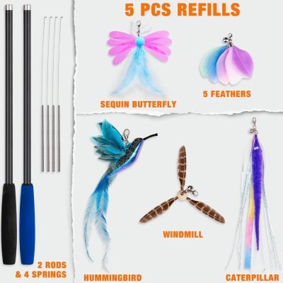 2024 latest Cat Toys, 2 in 1 Spring Cat Wand Toy with 2PCS Ultra-long Cat Teaser, 4PCS Spring Steel Wire & 5PCS Feather Refills for Kitty Kitten Indoor Cats Cat Accessories