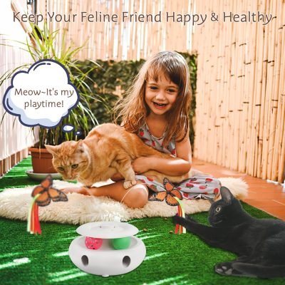 3-in-1 Cat Toy: Interactive Fun with Fluttering Butterfly, Ambush Feather, and Track Balls. USB Powered for Indoor Exercise (Bright White)