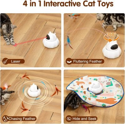 4 in 1 Cat Laser Toy Automatic, Interactive Cat Toys for Indoor Cats, Hide and Seek Kitten Wand Toy, USB Rechargeable Electronic Toys with Moving Feather, Cover for Bored Cats All Breeds