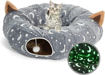 Cat Tunnel Bed Tube with Cushion and Plush Ball Toy Playground Crinkle Collapsible Self-Luminous Flannel Fabric 3FT for Large Cats Kittens Kitty Small Animals Puppy Grey Moon Star