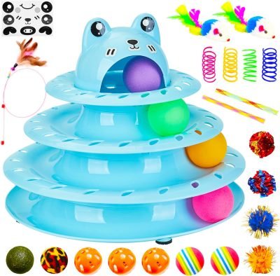 26pcs Cat Toys 4-Level Roller Track for Indoor Cats, Interactive Cat Toy with Colorful Balls Self Play Kitten Puzzle Toys, Fun Kitty Exercise Toys (Green)