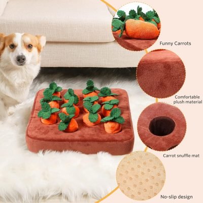 Dog Carrot Toy, Enrichment Dog Puzzle Toys, Hide and Seek Carrot Farm Dog Plush Chew Toys for Small Medium and Large Dogs Cats with 12 Carrots