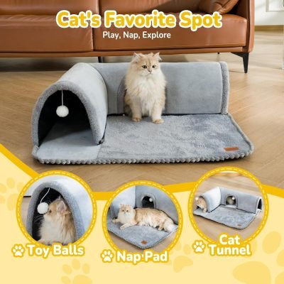 Cat Tunnel Bed Indoor: Detachable Kitty Pet Play Tube - Washable Kitten Cave Mat with Ball Toys