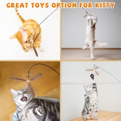 Cat Wand Toys, Interactive Cat Toys with 3 Feather Refills, 29'' Flexible Steel Wire, Sturdy Wood Handle & Bell for Kitty Kitten, Cat Toys for Indoor Cats Cat Teaser Cat String Toy