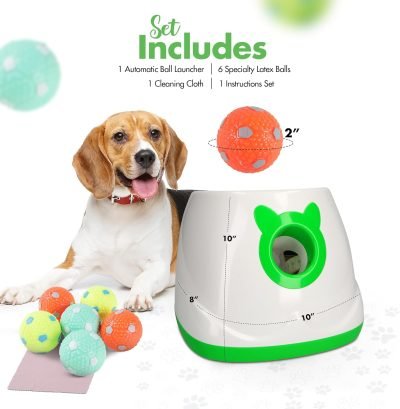 Automatic Dog Ball Launcher Dog Fetch Machine for Small to Medium Sized Dogs,3 Launch Distances, Ball Launcher for Dogs with 6 Latex Balls, Dual Power Supply, Ball Thrower for Dogs