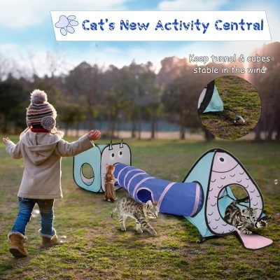Cat Toy Tunnel and Cubes Bundle - Interactive Crinkle Collapsible Cat Tube and Foldable Cubes Playground for Kitty, Rabbit, Puppy, Ferret Hiding Hunting and Resting