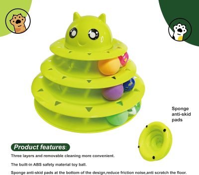 Cat Toy Roller,3 Levels Tower with Six Multiple Balls Cat Turntable Toy,Funny Interactive Cat Toys for Indoor,Funny Puzzle Toy for Kitten Pet Cats,Do Exercise&Play Game (Yellow-Green)