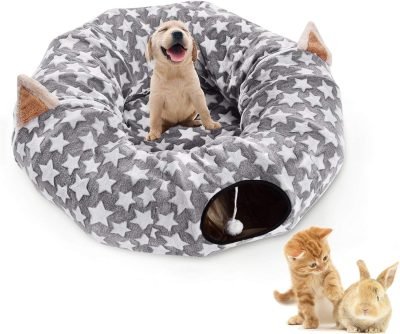 Large Cat Tunnel Bed with Plush Cover,Fluffy Toy Balls, Small Cushion and Flexible Design- 10 inch Diameter, 3 ft Length- Great for Cats, and Small Dogs, Rainbow Wave Color