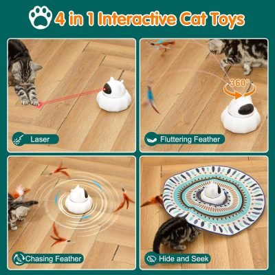Cat Laser Toy Automatic, 4-in-1 Interactive Cat Toys for Indoor Cats, Hide and Seek Kitten Wand Toy, USB Rechargeable Electronic Kitten Toys with Moving Feather, Cover for Bored Cats All Breeds
