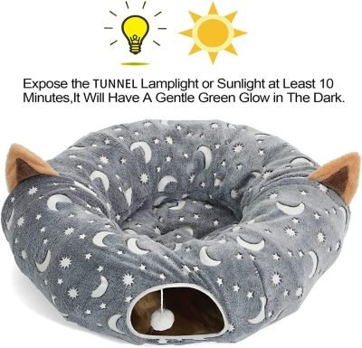 Cat Tunnel Bed Tube with Cushion and Plush Ball Toy Playground Crinkle Collapsible Self-Luminous Flannel Fabric 3FT for Large Cats Kittens Kitty Small Animals Puppy Grey Moon Star
