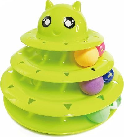 Cat Toy Roller,3 Levels Tower with Six Multiple Balls Cat Turntable Toy,Funny Interactive Cat Toys for Indoor,Funny Puzzle Toy for Kitten Pet Cats,Do Exercise&Play Game (Yellow-Green)