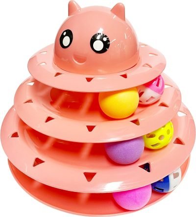 Cat Toy Roller,3 Levels Tower with Six Multiple Balls Cat Turntable Toy,Funny Interactive Cat Toys for Indoor,Funny Puzzle Toy for Kitten Pet Cats,Do Exercise&Play Game (Yellow-Green)