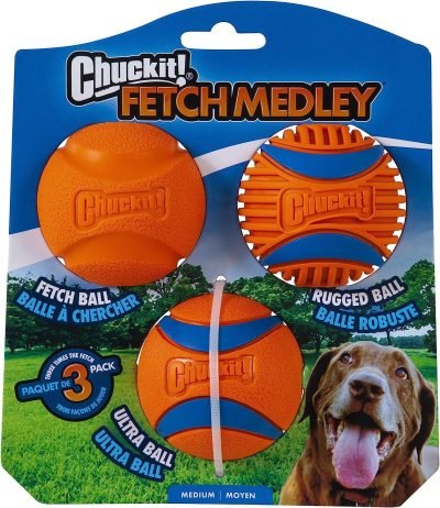 Fetch Medley Dog Ball Dog Toys, Medium (2.5 Inch) Pack of 3, for Medium Breeds, Includes Whistler, Max Glow and Rebounce Balls
