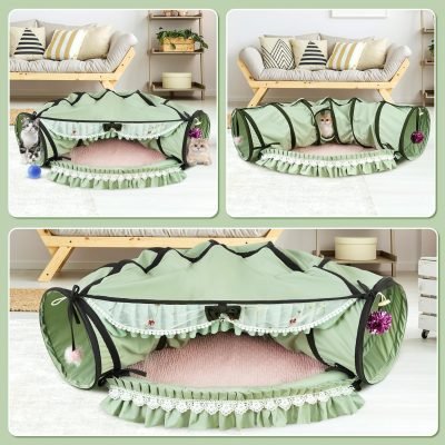 Cat Tunnel Toy Bed 2-in-1, Collapsible Cat Tunnels Tubes Toys with Washable Removable Mat Beds for Indoor Pet Cats Kittens Matcha