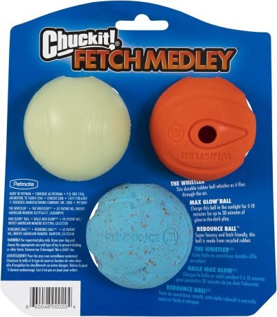 Fetch Medley Dog Ball Dog Toys, Medium (2.5 Inch) Pack of 3, for Medium Breeds, Includes Whistler, Max Glow and Rebounce Balls