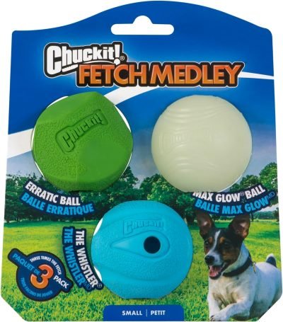 Fetch Medley Dog Ball Dog Toys, Medium (2.5 Inch) Pack of 3, for Medium Breeds, Includes Whistler, Max Glow and Rebounce Balls