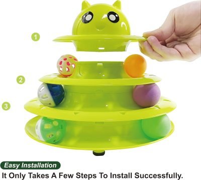 Cat Toy Roller,3 Levels Tower with Six Multiple Balls Cat Turntable Toy,Funny Interactive Cat Toys for Indoor,Funny Puzzle Toy for Kitten Pet Cats,Do Exercise&Play Game (Yellow-Green)