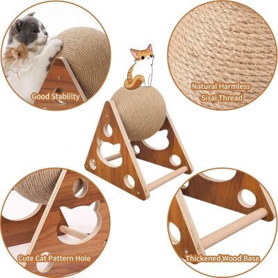 Cat Toys Sisal Scratcher Ball, Natural Sisal Cat Scratching Ball, Cat Scratcher Toy with Ball, Scratching Ball for Cats and Kittens, Interactive Solid Wood Scratcher Pet Toy, Diameter 6.5 Inch