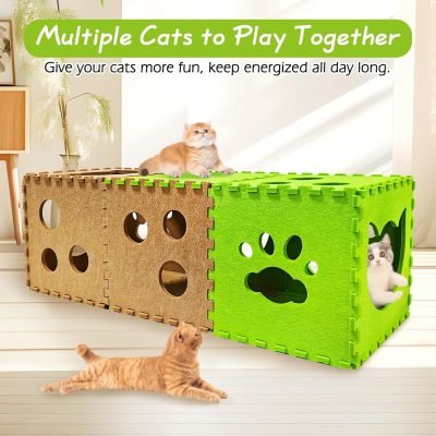 Cat Play Tunnel 14 Pcs DIY Foldable Cat Hideaway Cave with Interactive Peek Hole Felt Kitten Play Tubes and Tunnels for Indoor Cats Up to 20lb