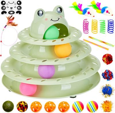 26pcs Cat Toys 4-Level Roller Track for Indoor Cats, Interactive Cat Toy with Colorful Balls Self Play Kitten Puzzle Toys, Fun Kitty Exercise Toys (Green)