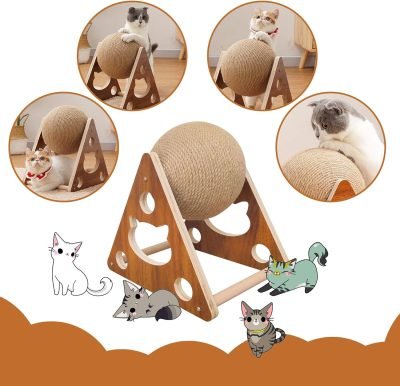 Cat Toys Sisal Scratcher Ball, Natural Sisal Cat Scratching Ball, Cat Scratcher Toy with Ball, Scratching Ball for Cats and Kittens, Interactive Solid Wood Scratcher Pet Toy, Diameter 6.5 Inch