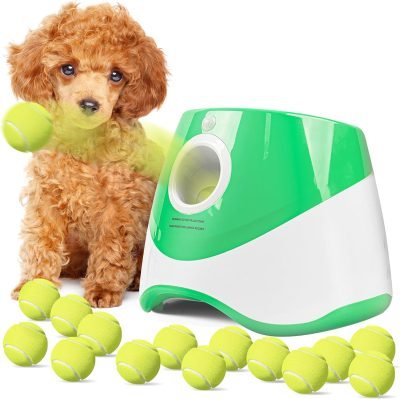 Automatic Ball Launcher for Dogs, Dog Ball Thrower Launcher with 15 Pcs Tennis Balls, 10-30 Ft Distance Settings Ball Launcher for Small Dogs, Dog Fetch Ball Thrower Green