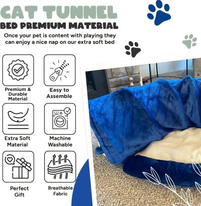 Cat Tunnel and Bed Toy Set with Removable Plush Bed for Indoor Use; Perfect for Cats, Dogs, and Ferrets; Cat Toys Attached; Top Pet Tunnel for Fun, Exercise, and Rest; Cat Toys for Indoor Cats (Blue).